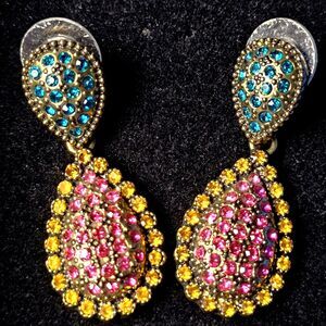 HEIDI DAUS Big Pretty Earrings Multicolor Crystal Drop 1.6" Gold Tone NEW HTF!